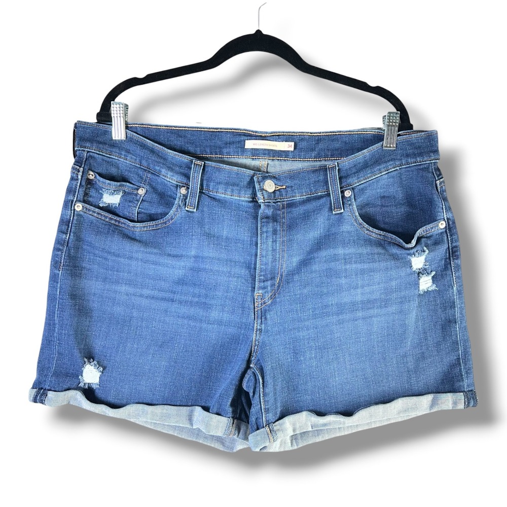 Levi Womens Sz 34 Mid Length Shorts Blue Distressed Denim Cuffed Summer Casual